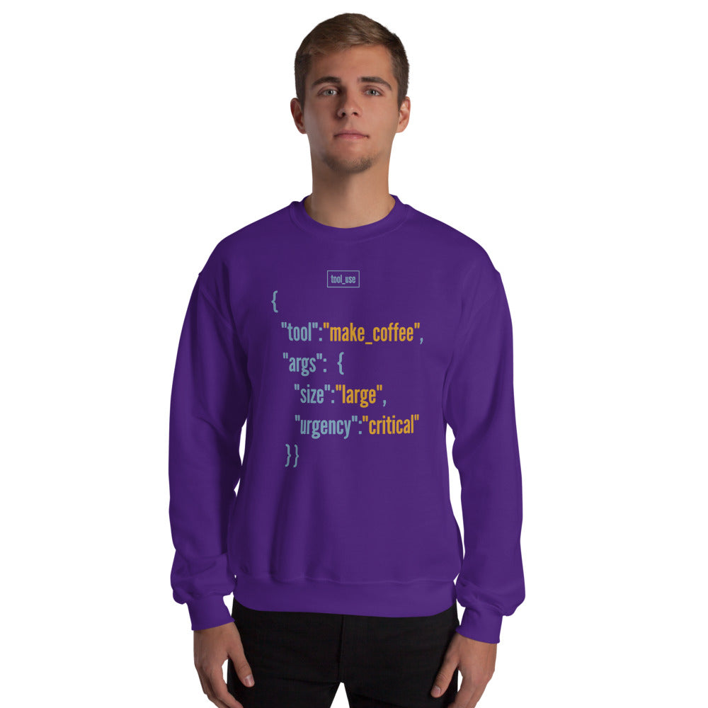 Tool Call Make Coffee AI engineer crewneck sweatshirt — Purple, on model