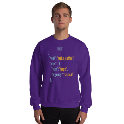 Tool Call Make Coffee AI engineer crewneck sweatshirt — Purple, on model