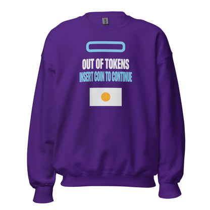 Insert Coin To Continue out of tokens crewneck sweatshirt — Purple, front
