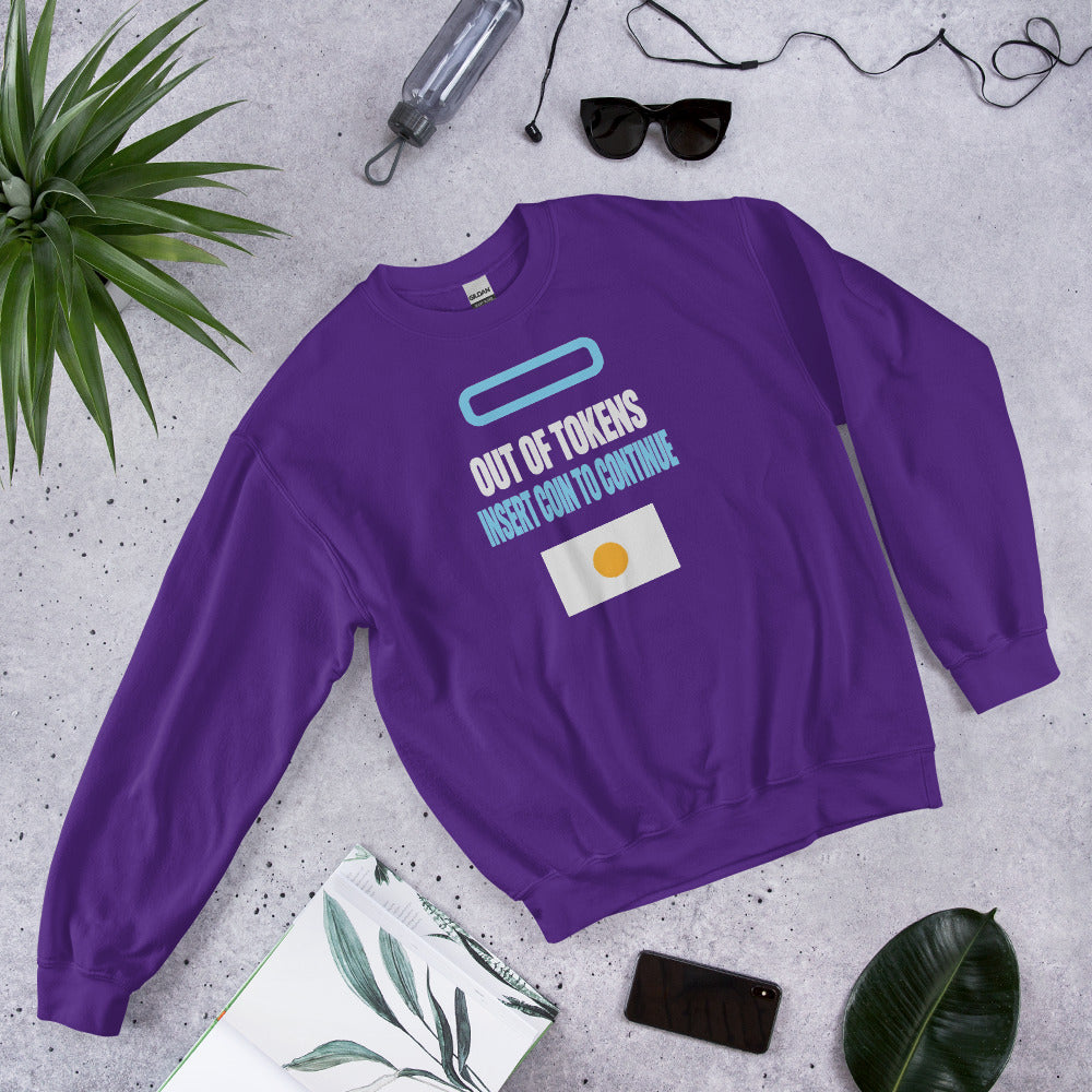 Insert Coin To Continue out of tokens crewneck sweatshirt — Purple, flat lay