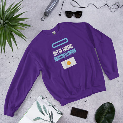 Insert Coin To Continue out of tokens crewneck sweatshirt — Purple, flat lay