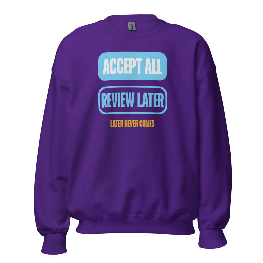 Accept All Review Later crewneck sweatshirt — Purple, front