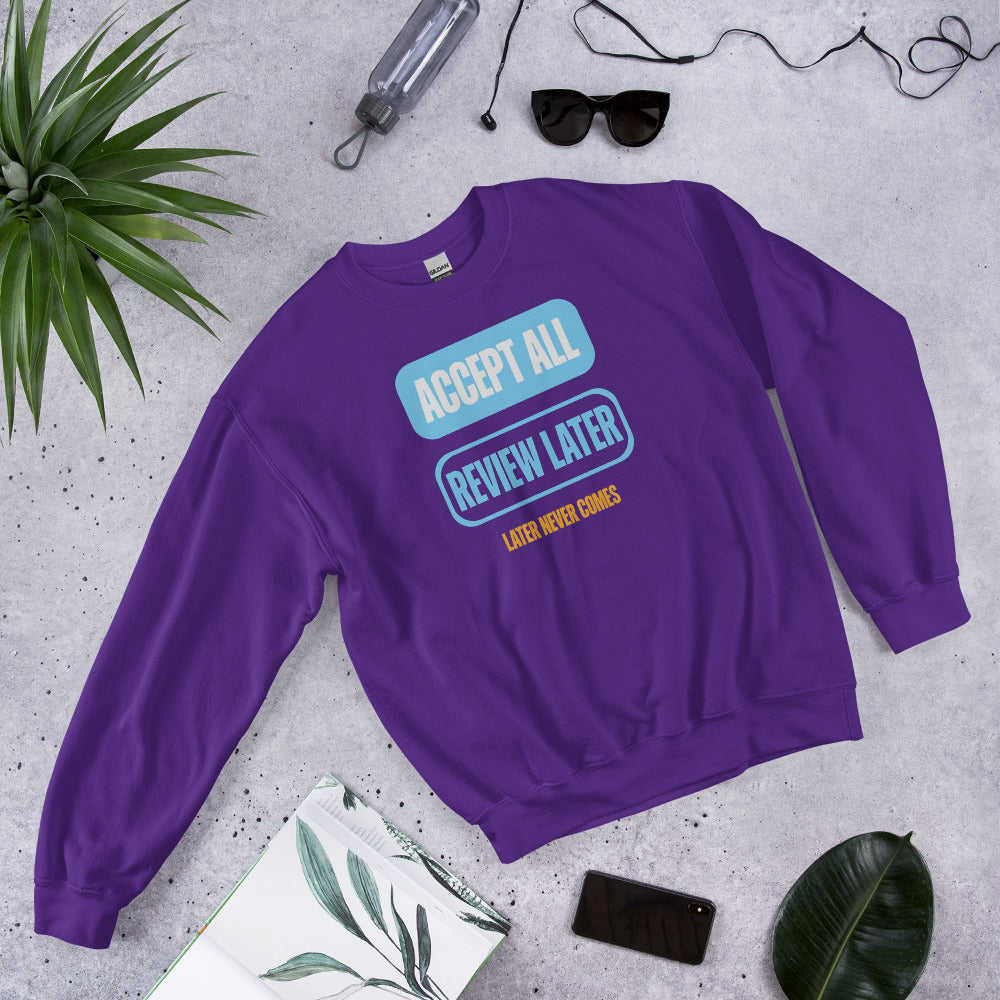Accept All Review Later crewneck sweatshirt — Purple, flat lay