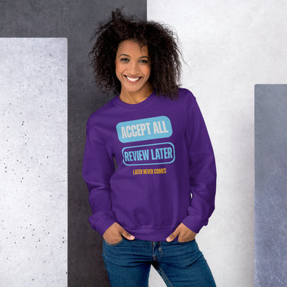 Accept All Review Later crewneck sweatshirt — Purple, on model