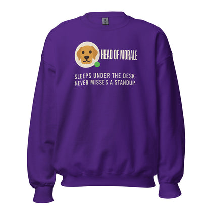 Head of Morale dog profile card crewneck sweatshirt — Purple, front