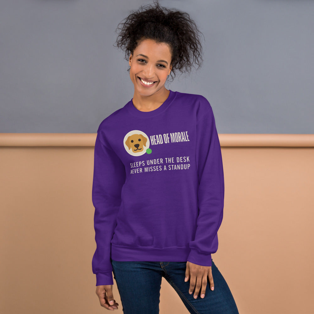 Head of Morale dog profile card crewneck sweatshirt — Purple, on model