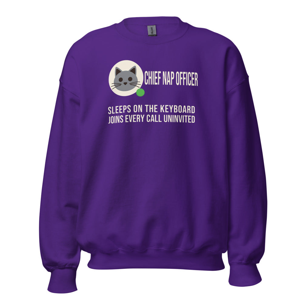 Chief Nap Officer cat profile card crewneck sweatshirt — Purple, front