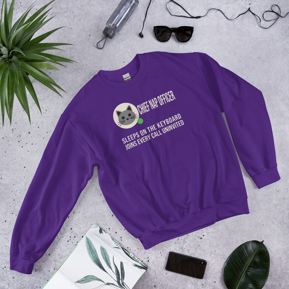 Chief Nap Officer cat profile card crewneck sweatshirt — Purple, flat lay