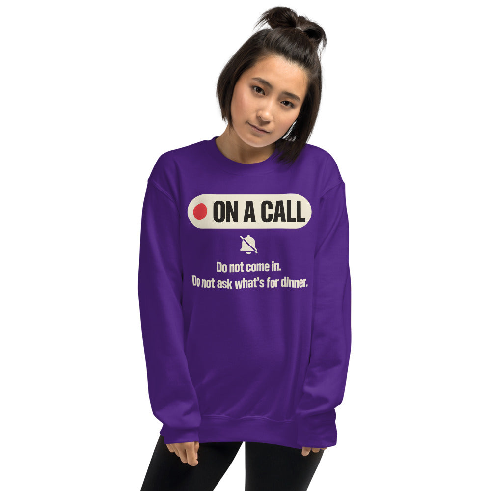 On A Call do not disturb status crewneck sweatshirt — Purple, on model