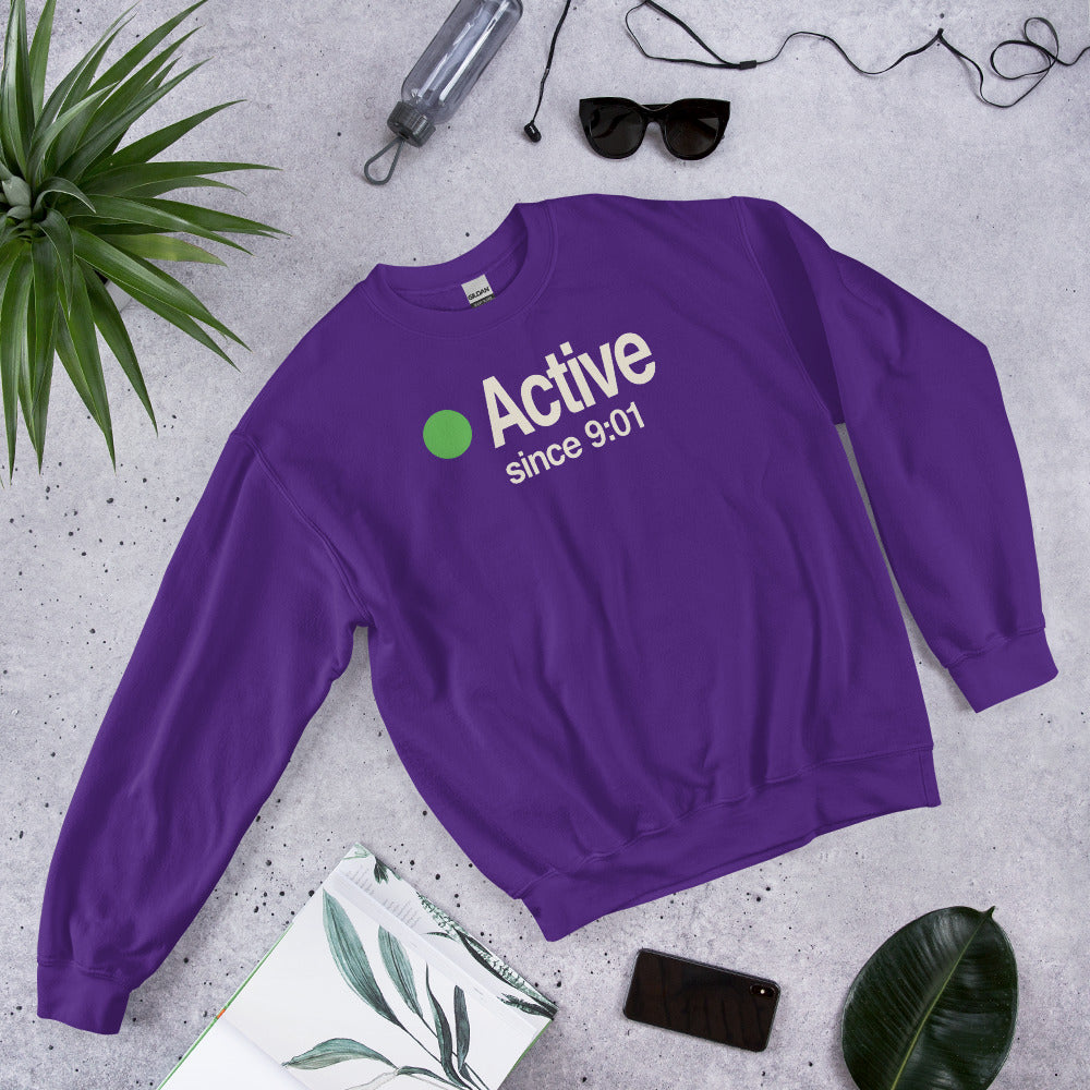 Active Since 9:01 presence status crewneck sweatshirt — Purple, flat lay