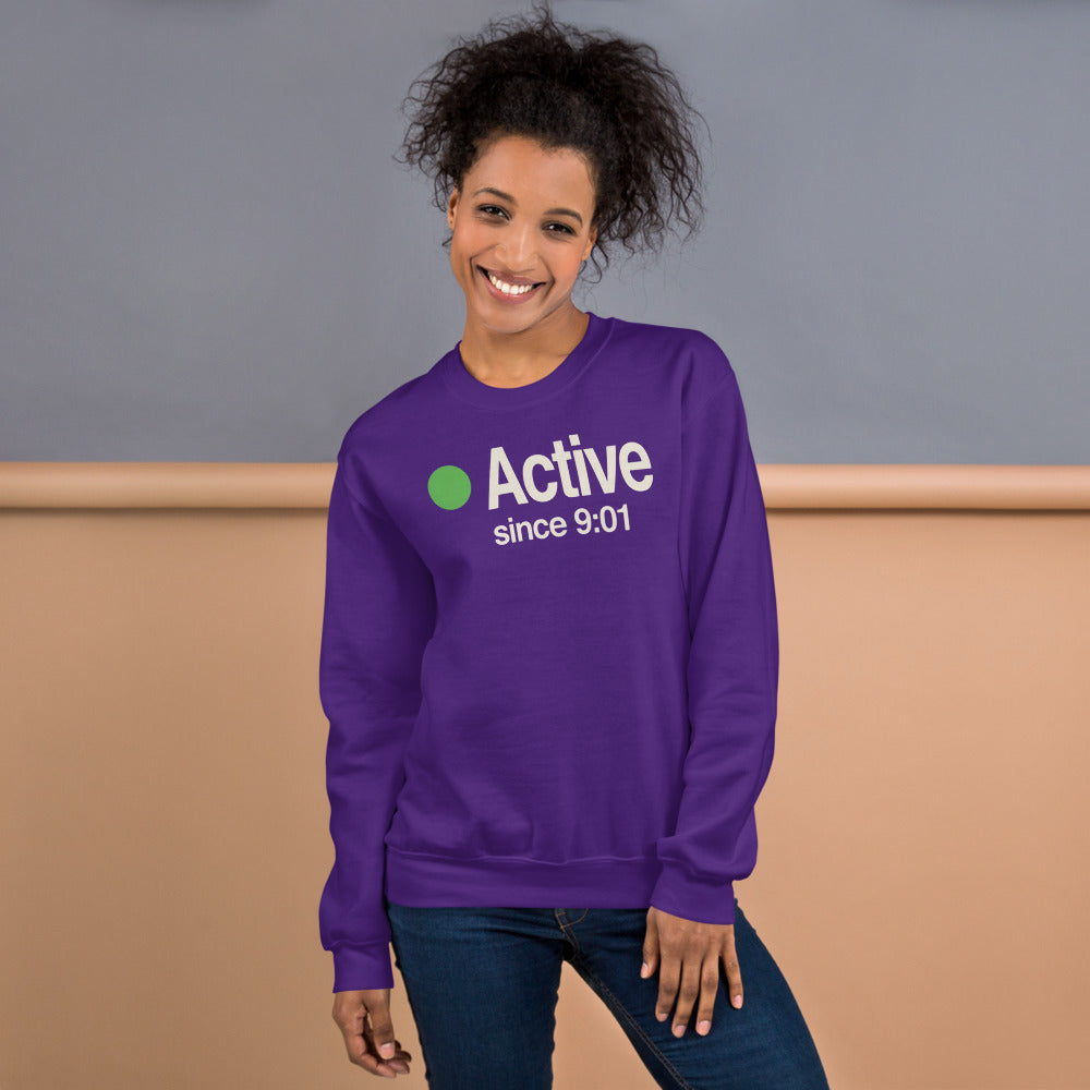 Active Since 9:01 presence status crewneck sweatshirt — Purple, on model