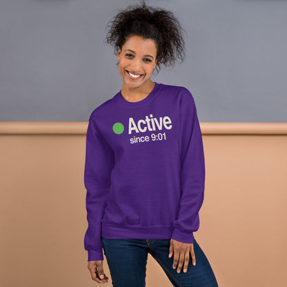 Active Since 9:01 presence status crewneck sweatshirt — Purple, on model