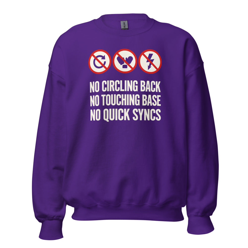 No Circling Back corporate jargon prohibition signs crewneck sweatshirt — Purple, front
