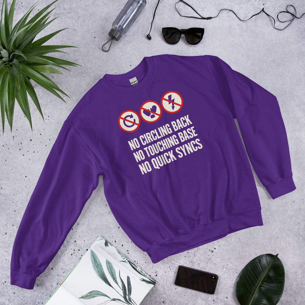 No Circling Back corporate jargon prohibition signs crewneck sweatshirt — Purple, flat lay