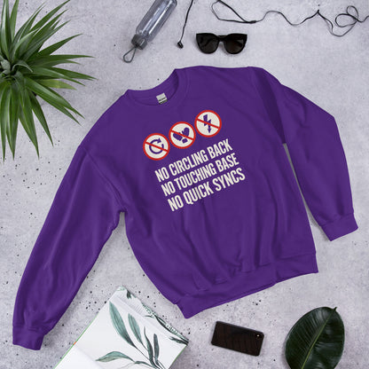 No Circling Back corporate jargon prohibition signs crewneck sweatshirt — Purple, flat lay