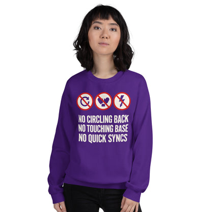 No Circling Back corporate jargon prohibition signs crewneck sweatshirt — Purple, on model