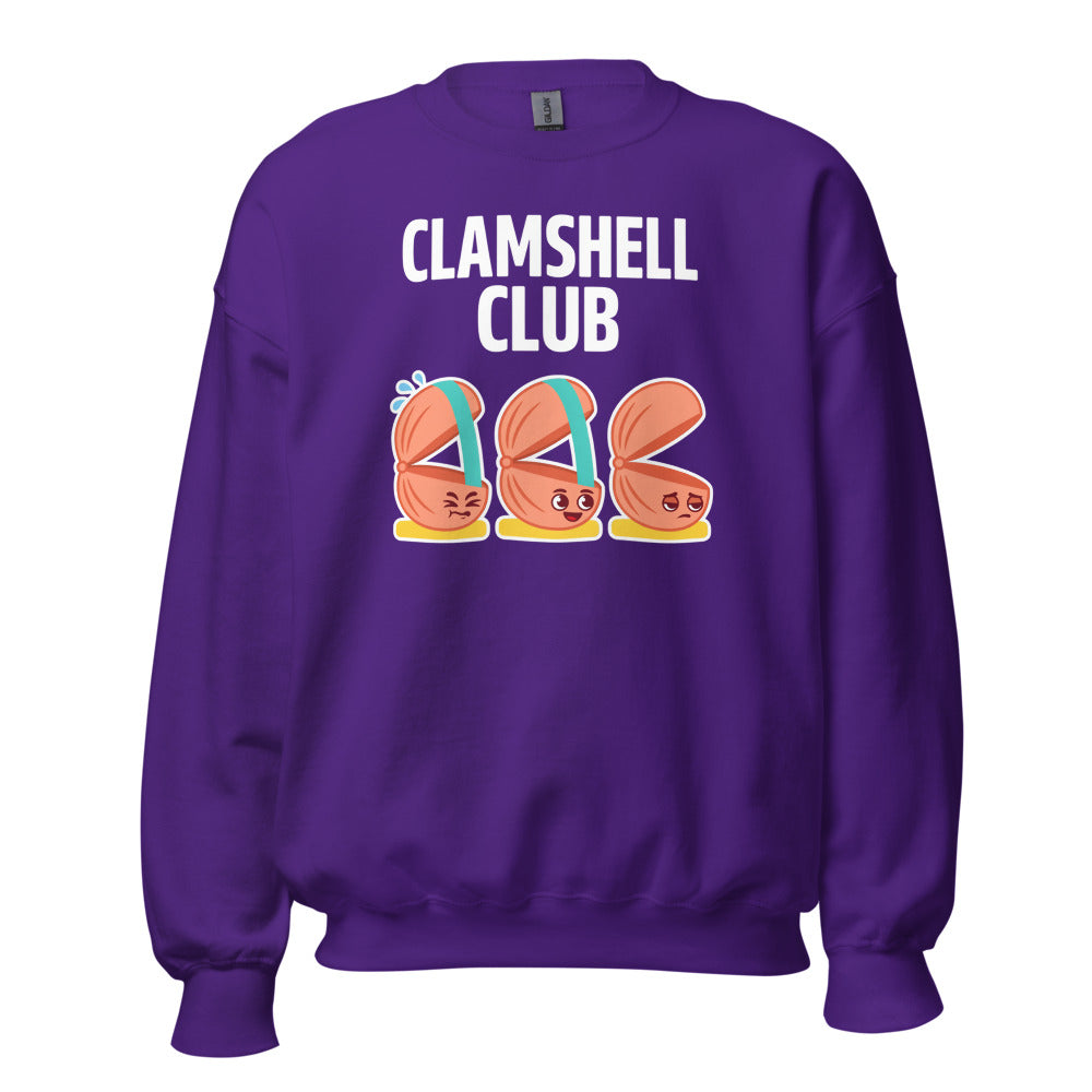 Clamshell Club funny physical therapy crewneck sweatshirt — Purple, front