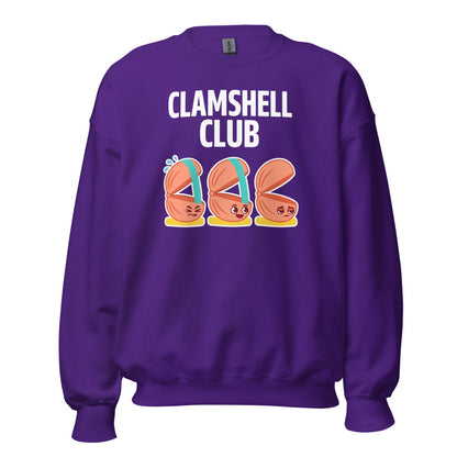 Clamshell Club funny physical therapy crewneck sweatshirt — Purple, front