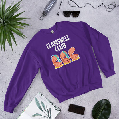 Clamshell Club funny physical therapy crewneck sweatshirt — Purple, flat lay