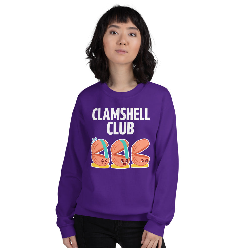 Clamshell Club funny physical therapy crewneck sweatshirt — Purple, on model