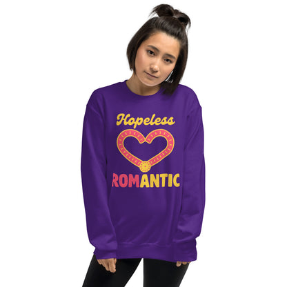 Hopeless ROMantic funny physical therapy crewneck sweatshirt — Purple, on model