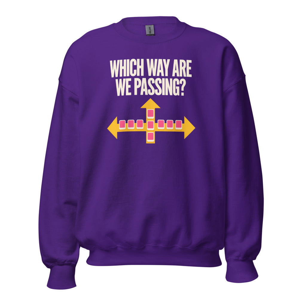 Which Way Are We Passing funny mahjong crewneck sweatshirt — Purple, front