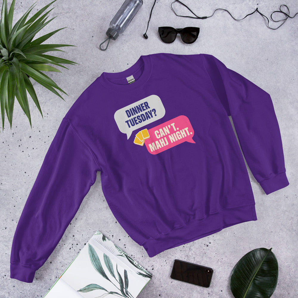 Mahj Night funny mahjong crewneck sweatshirt — Purple, flat lay