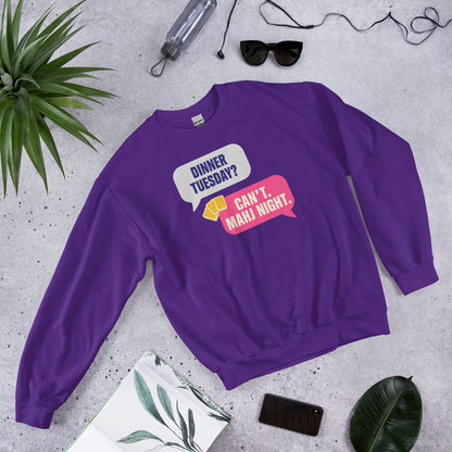 Mahj Night funny mahjong crewneck sweatshirt — Purple, flat lay