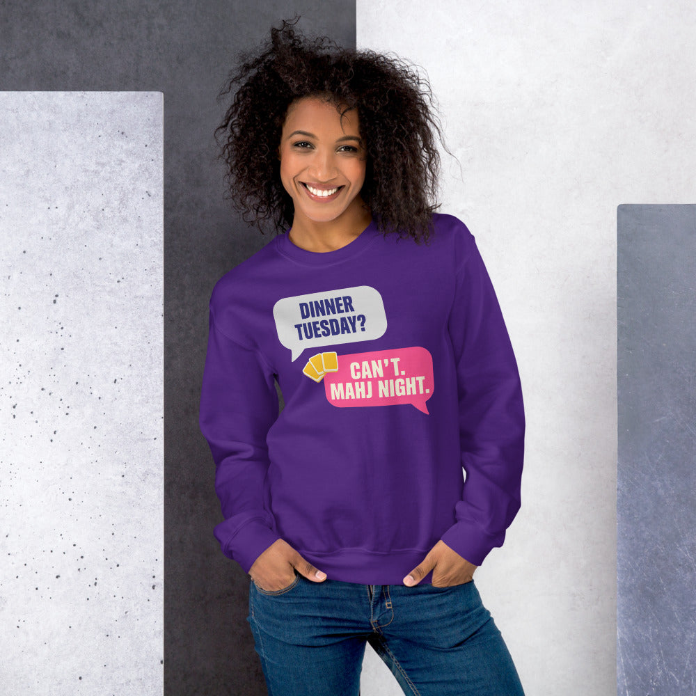 Mahj Night funny mahjong crewneck sweatshirt — Purple, on model