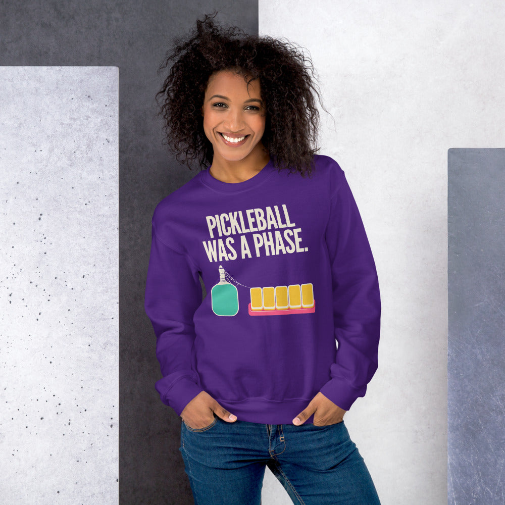 Pickleball Was A Phase funny mahjong crewneck sweatshirt — Purple, on model