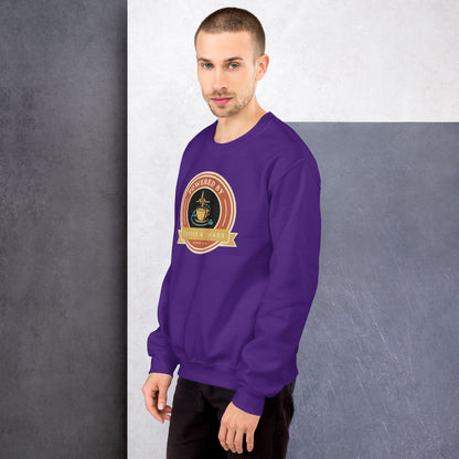 Powered by Coffee & Chaos retro nurse badge crewneck sweatshirt — Purple, on model