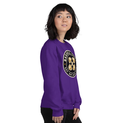 Barbell Club No Days Off vintage gym crewneck sweatshirt — Purple, on model