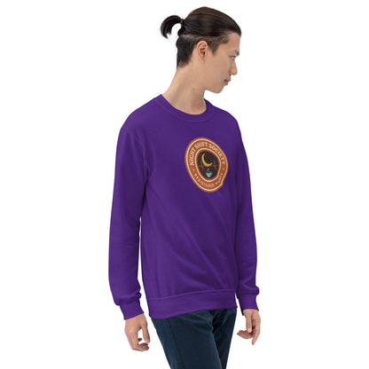 Night Shift Society retro registered nurse badge crewneck sweatshirt — Purple, on model