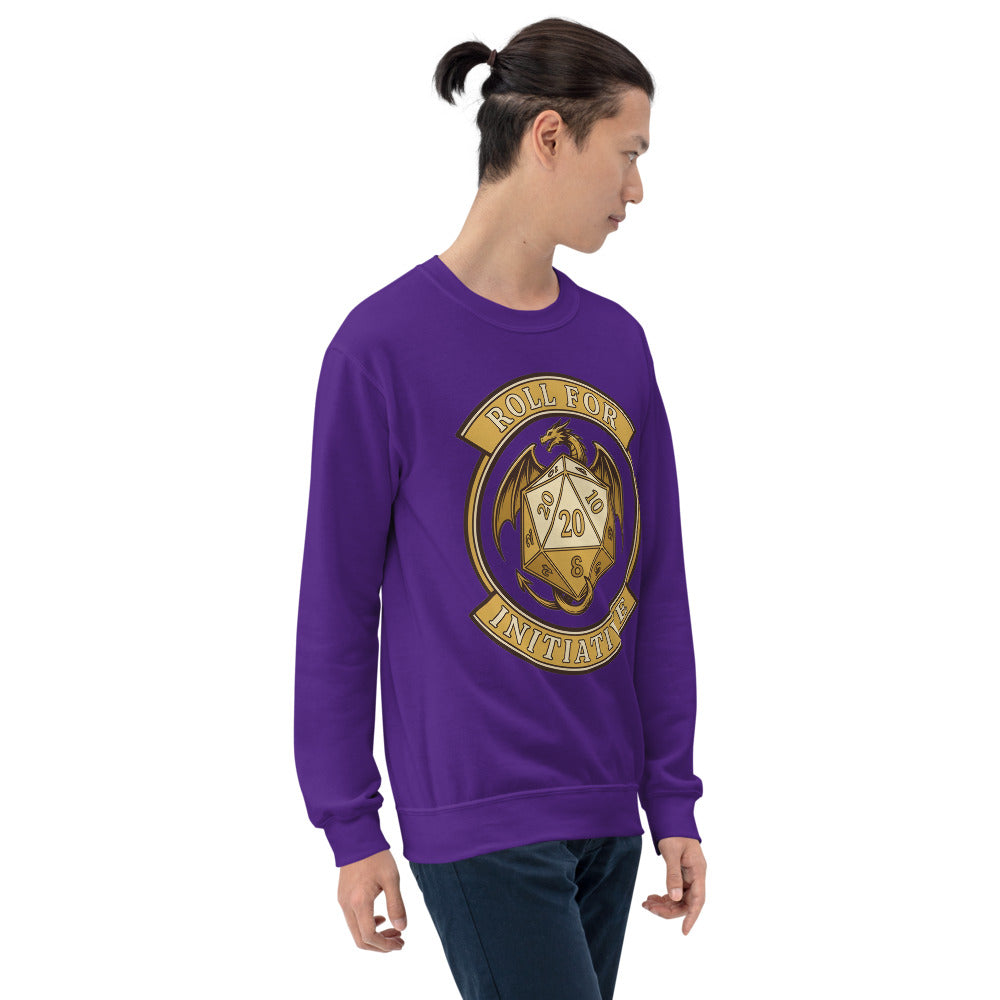 Roll For Initiative d20 dragon tabletop RPG crewneck sweatshirt — Purple, on model