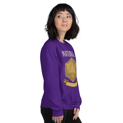 Natural 20 critical hit d20 tabletop RPG crewneck sweatshirt — Purple, on model