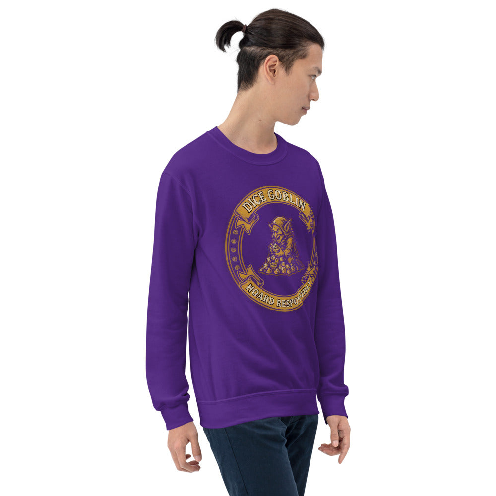 Dice Goblin Hoard Responsibly tabletop RPG crewneck sweatshirt — Purple, on model