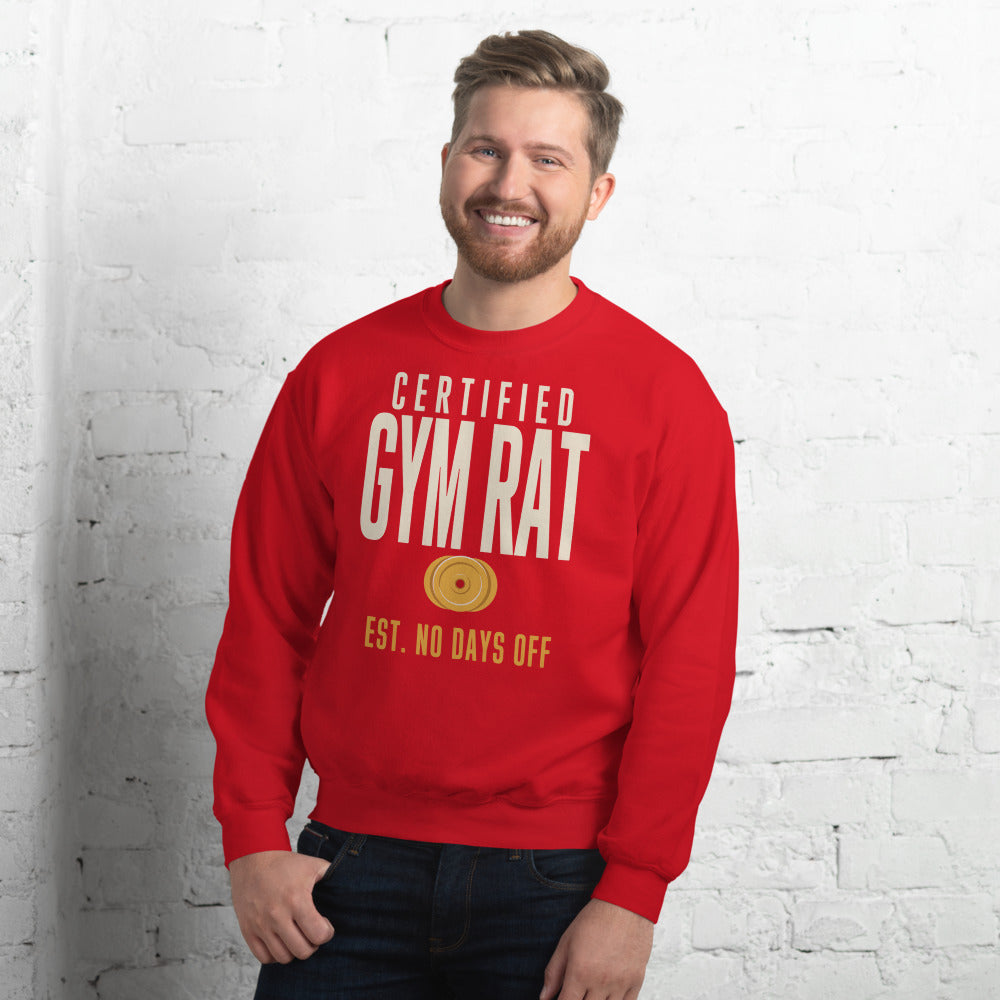 Certified Gym Rat vintage athletic crewneck sweatshirt — Red, on model