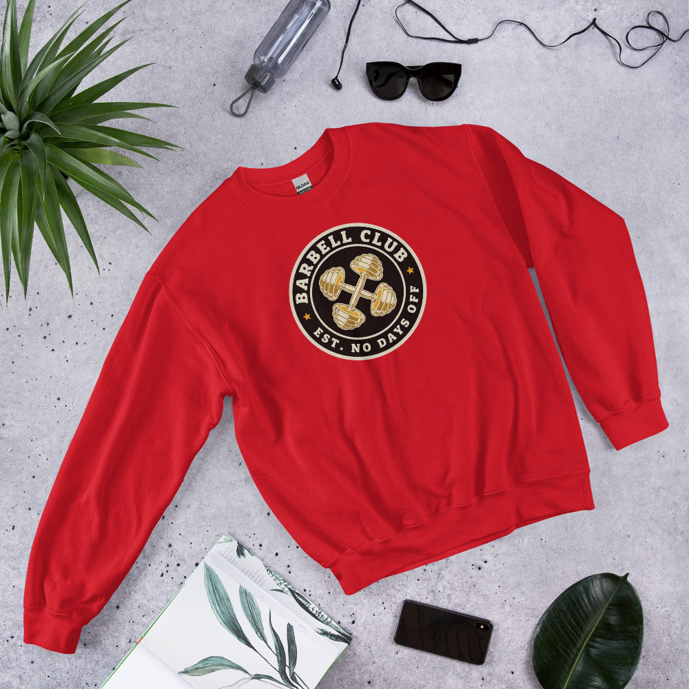 Barbell Club No Days Off vintage gym crewneck sweatshirt — Red, front-right