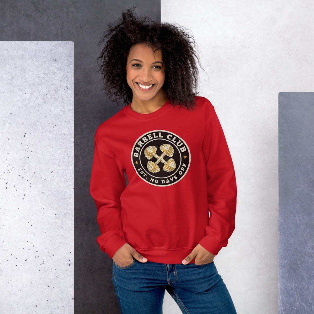 Barbell Club No Days Off vintage gym crewneck sweatshirt — Red, on model