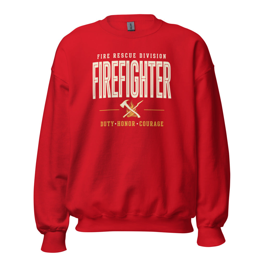 Firefighter collegiate wordmark retro fire-rescue crewneck sweatshirt — Red, front