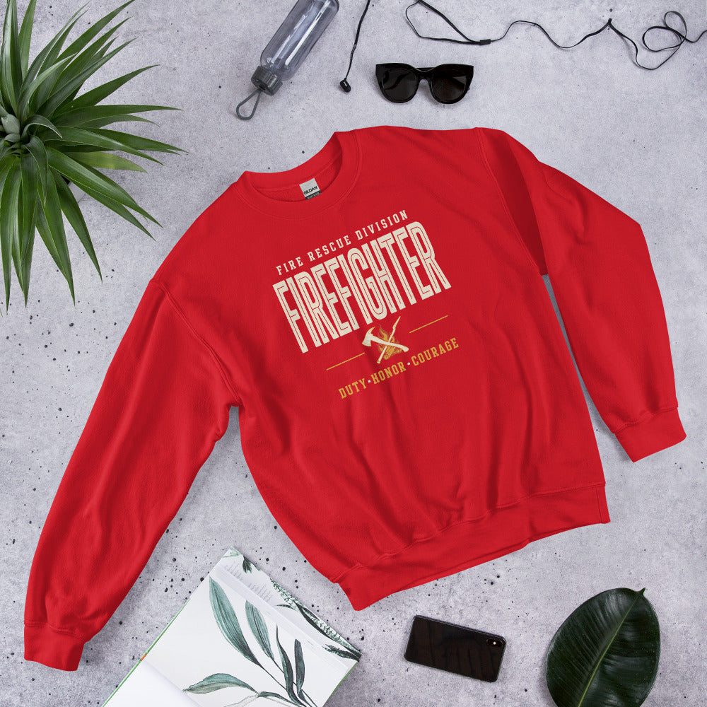 Firefighter collegiate wordmark retro fire-rescue crewneck sweatshirt — Red, front-right