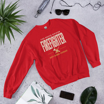 Firefighter collegiate wordmark retro fire-rescue crewneck sweatshirt — Red, front-right