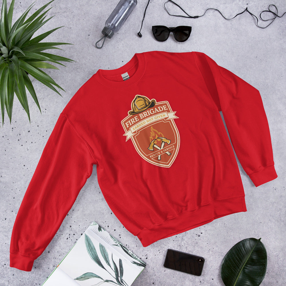 Fire Brigade Earned Not Given retro firefighter shield emblem crewneck sweatshirt — Red, front-right