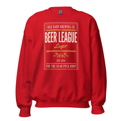 Beer League Cold Barn Brewing lager crewneck sweatshirt — Red, front