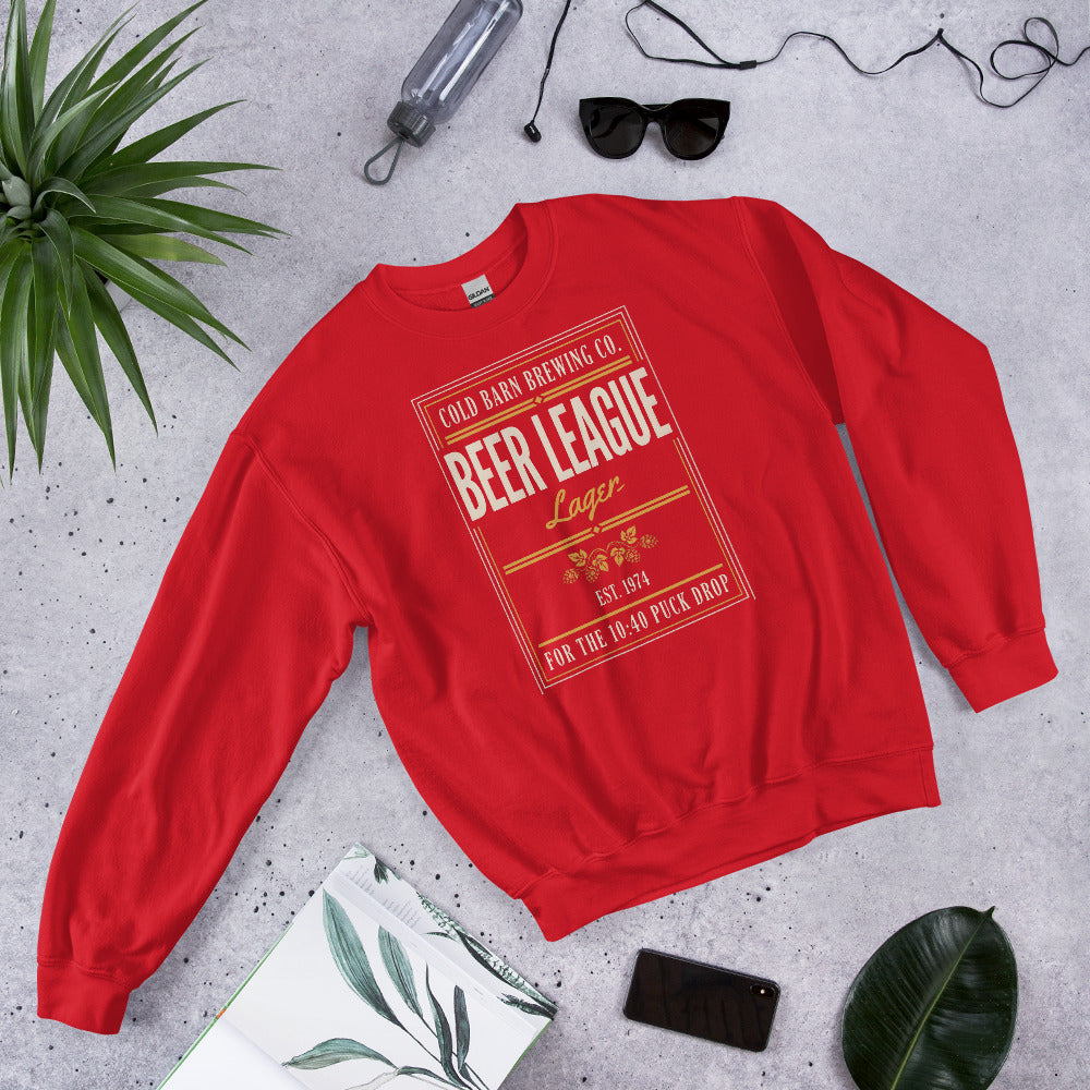 Beer League Cold Barn Brewing lager crewneck sweatshirt — Red, front-right