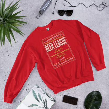 Beer League Cold Barn Brewing lager crewneck sweatshirt — Red, front-right