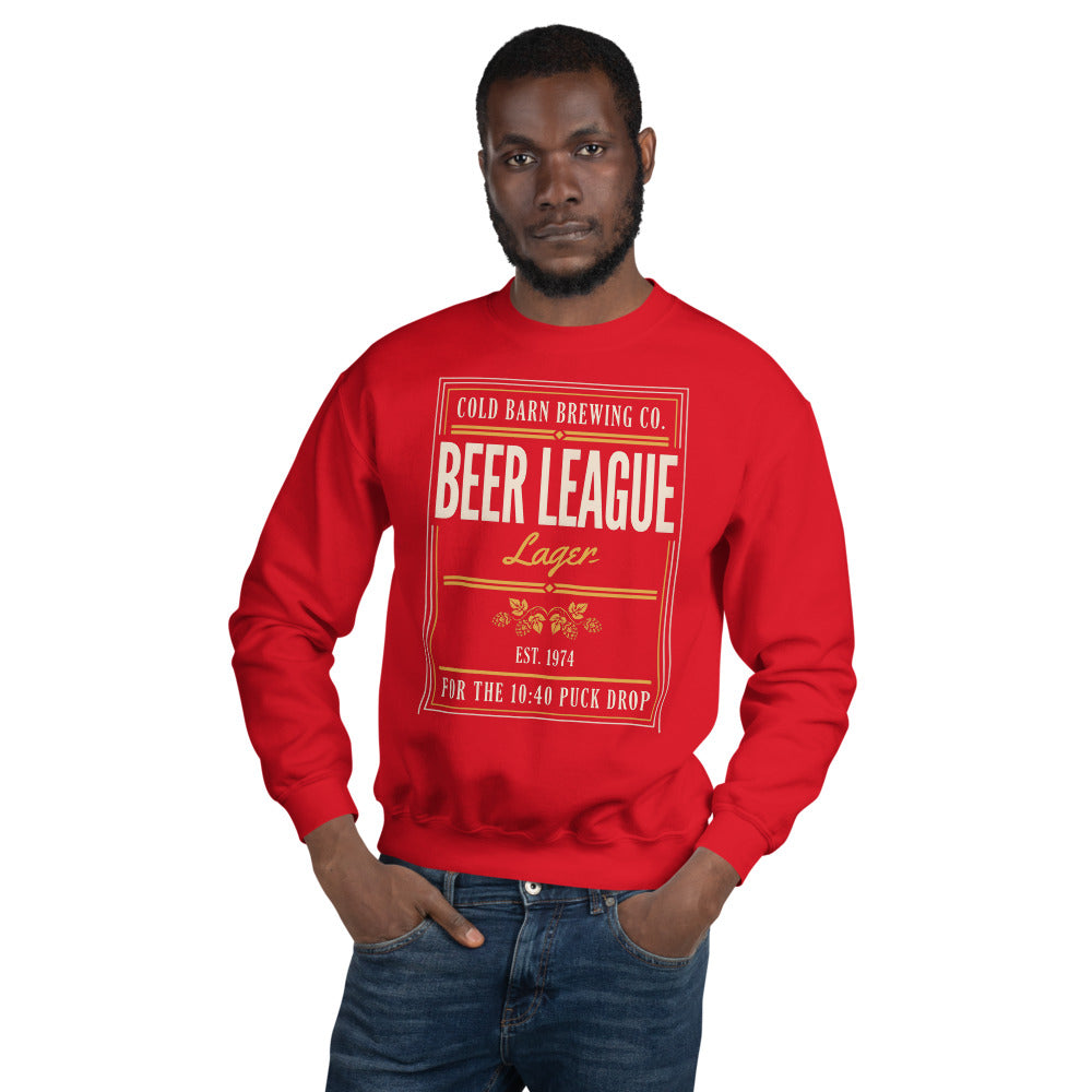 Beer League Cold Barn Brewing lager crewneck sweatshirt — Red, on model