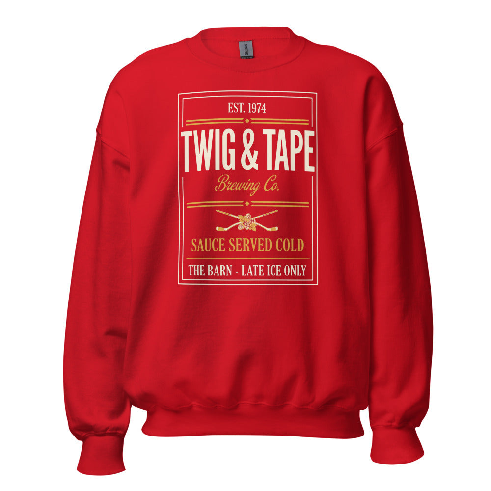 Twig and Tape Brewing Co. beer league hockey crewneck sweatshirt — Red, front