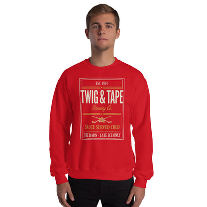 Twig and Tape Brewing Co. beer league hockey crewneck sweatshirt — Red, on model