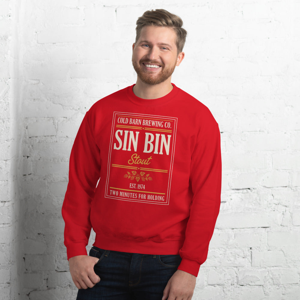 Beer League Sin Bin Stout brewery label crewneck sweatshirt — Red, on model
